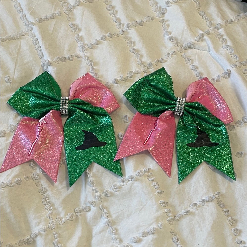 Wicked themed Green and Pink Cheer Bows with Witch Design